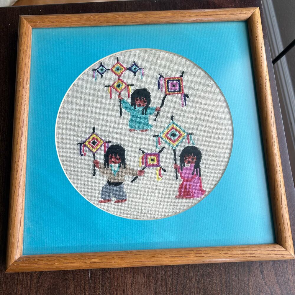 Handmade Cross-Stitch Wall Art - Turquoise Mat, Multicolor Design